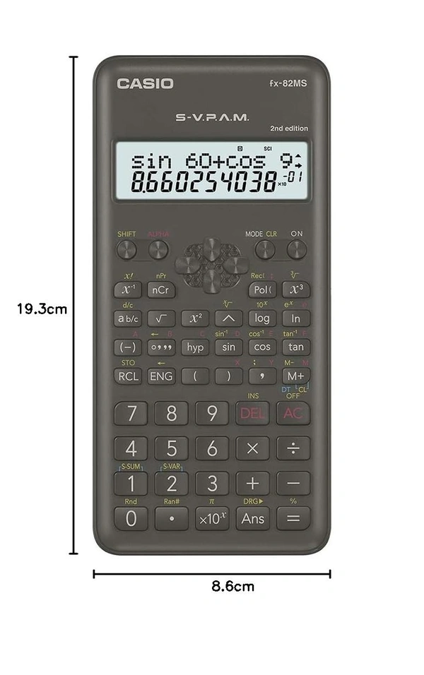 Casio FX-82MS 2nd Gen Non-Programmable Scientific Calculator, 240 Functions and 2-line Display - Black