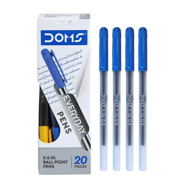 Doms DF 0.6 GL Ball Point Pens Box Pack | Lightweight & Sleek Body | Created For Smooth, Dark & Uninterrupted Writing | Use & Throw Pen | Blue Ink, Pack of 20 Pens