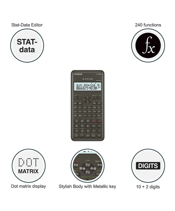 Casio FX-82MS 2nd Gen Non-Programmable Scientific Calculator, 240 Functions and 2-line Display - Black