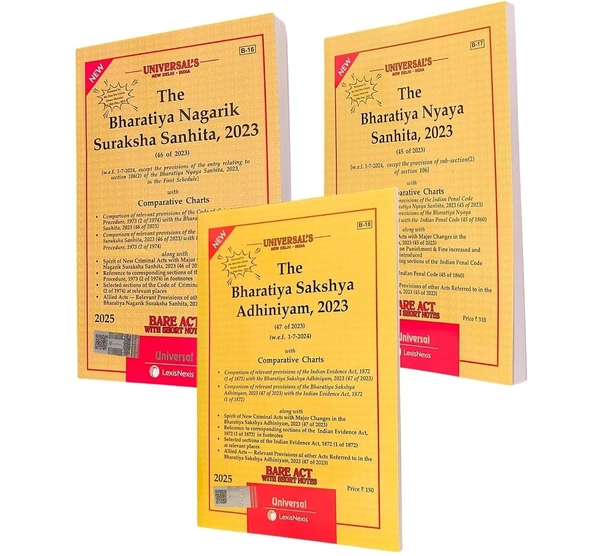 Universal's New Criminal Law- Bare Acts Combo Latest Edition Combo BNS, BSA, BNSS [2025] - Set of 3 Books