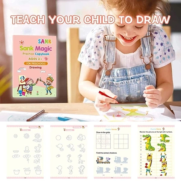 Sank Magic Practice Copybook, (4 BOOK + 10 REFILL+ 1 Pen +1 Grip) Number Tracing Book for Preschoolers with Pen, Magic Calligraphy Copybook Set Practical Reusable Writing Tool Simple Hand Lettering