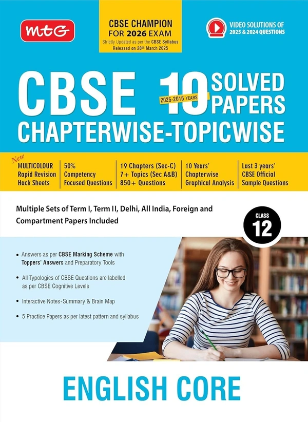 MTG ENGLISH CORE - (2025 - 2016) PYQs Chapterwise Topicwise Solved Papers | Free Video Solution of PYQs | CBSE Sample Papers (As Per Latest Pattern) - Class 12 [For 2026 Exams] - MTG Editorial Board, English, Paperback