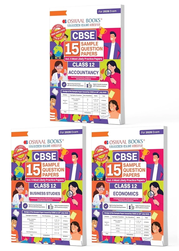 Oswal Oswaal ACCOUNTS, BUSINESS, ECONOMICS (Set of 3 Books) 15 Sample Question Papers (As per CBSE Sample Question Paper issued on 30 July 2025) - Class 12  [For 2026 Exam]