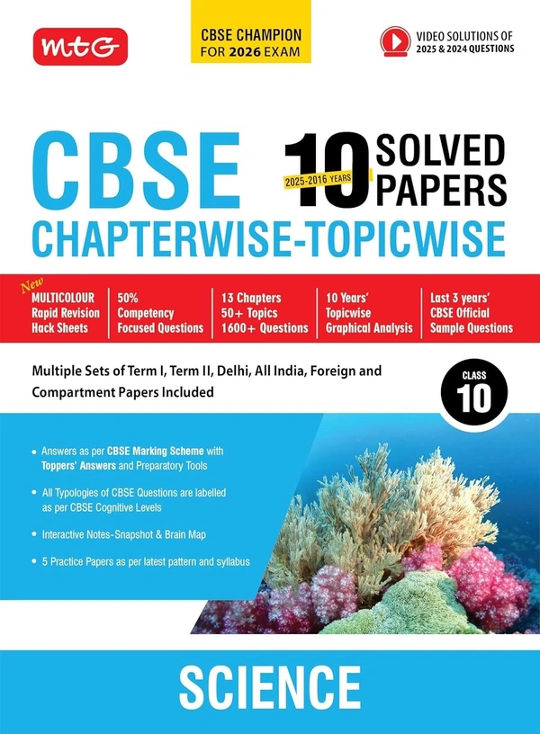 MTG SCIENCE - 10 Years (2025 - 2016) PYQs Chapterwise Topicwise Solved Papers | Free Video Solution of PYQs | CBSE Sample Papers (As Per Latest Pattern) - Class 10 [For 2026 Exams] - MTG Editorial Board, English, Paperback