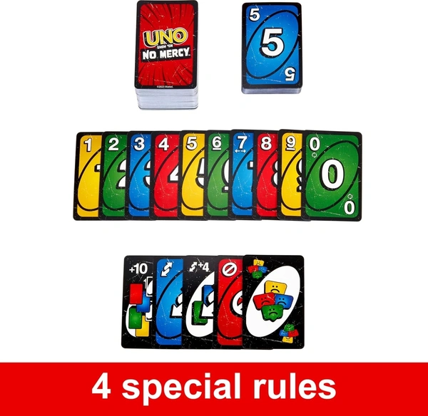 Mattel UNO Show ‘em No Mercy Card Game for Kids, Adults & Family Parties and Travel with Extra Cards, Special Rules and Tougher Penalties (Multicolour)