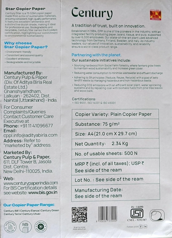 Century Pulp & Copier paper Star - A4 Size Ream, 75 GSM - 500 Sheets 