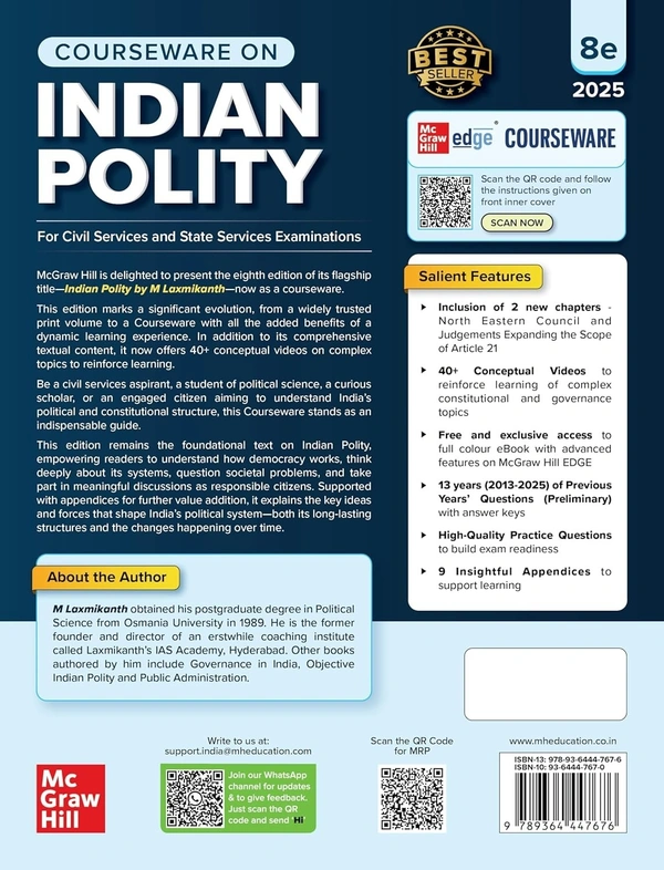 Mc Graw Hill Indian Polity Courseware (English), 8e by M Laxmikanth for UPSC CSE 2025-26 | 40+ Conceptual Videos | 95 Well-structured Chapters | 18 Insightful Appendices | Solved 13 Previous Years' Prelim Questions (2013–2025) | 12 Years' UPSC Main Exam Questions | Practice Questions