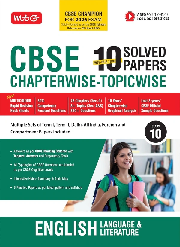 MTG English Language & Literature - 10 Years (2025 - 2016) PYQs Chapterwise Topicwise Solved Papers | Free Video Solution of PYQs | CBSE Sample Papers (As Per Latest Pattern) - Class 10 [For 2026 Exams] - MTG Editorial Board, English, Paperback
