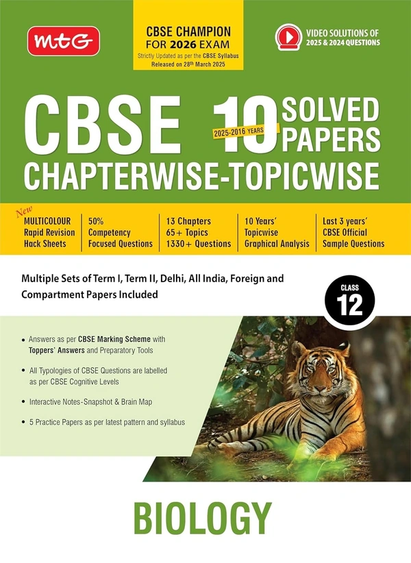 MTG BIOLOGY - 10 Years (2025 - 2016) Chapterwise Topicwise Solved Papers | Free Video Solution of PYQs | CBSE Sample Papers (As Per Latest Pattern) - Class 12 [For 2026 Exams]  - MTG Editorial Board, English, Paperback