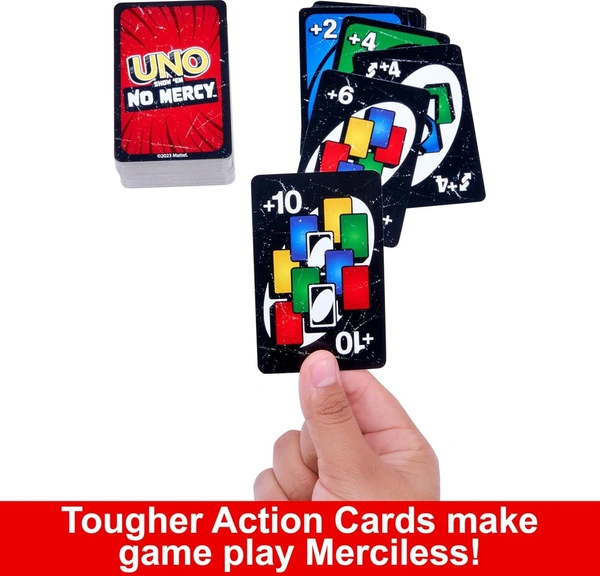 Mattel UNO Show ‘em No Mercy Card Game for Kids, Adults & Family Parties and Travel with Extra Cards, Special Rules and Tougher Penalties (Multicolour)