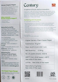Century Green Copier Paper - A4 Size Ream, 70 GSM 500 Sheets [Pack of 10] - 