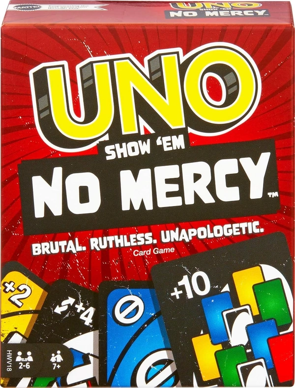 Mattel UNO Show ‘em No Mercy Card Game for Kids, Adults & Family Parties and Travel with Extra Cards, Special Rules and Tougher Penalties (Multicolour)