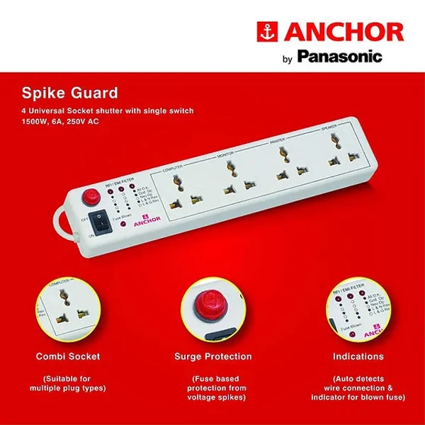 Anchor Spike Guard 4 Socket & 1 Switch - 1.5 Mtr Wire - 22047