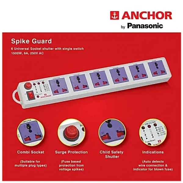 Anchor Spike Guard - 6 Socket , 1 Switch, 1.5 Mtr 22579