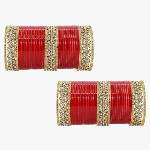 Designer Pearls & AD Diamond Chuda Set For Bridal Women and Girls | Chuda Set Red For Wedding| Plastic Chura | Punjabi Dulhan Chooda | Women's Bangles| Red Chooda Set - 2.8