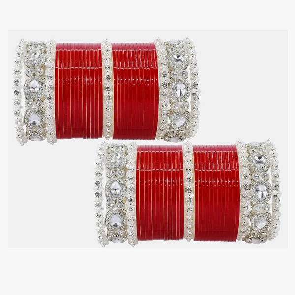 Designer Pearls & AD Diamond Chuda Set For Bridal Women and Girls | Chuda Set Red For Wedding| Plastic Chura | Punjabi Dulhan Chooda | Women's Bangles| Red Chooda Set - 2.6