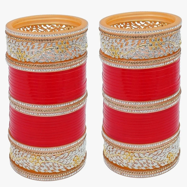 Lucky Jewellery Bridal Bangle Set Red Designer AD (American Diamond) & Golden Stone Chuda Fashion Wedding Chura Punjabi Choora Set (2673-G1C1-1002-R) - 2.6