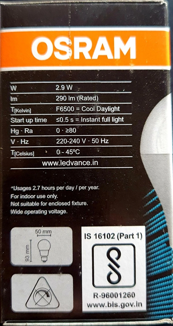 Osram Led Bulb 2.9w White (865C) B22d