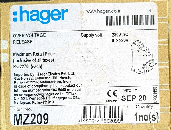 Hager MZ209 230v High Voltage Protector