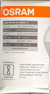 Osram Led Bulb  7w White (6500k) B22d