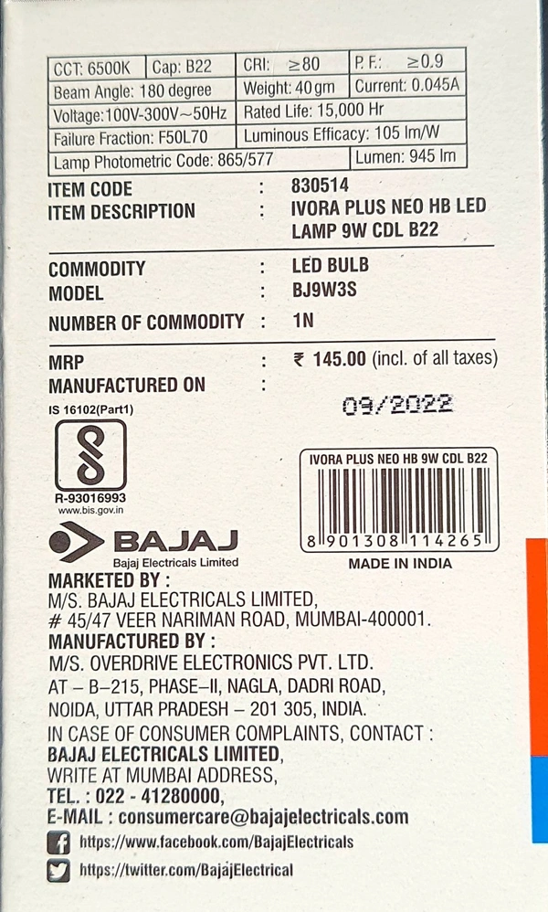 BAJAJ IVORA PLUS NEO HB 9W CDL B22D