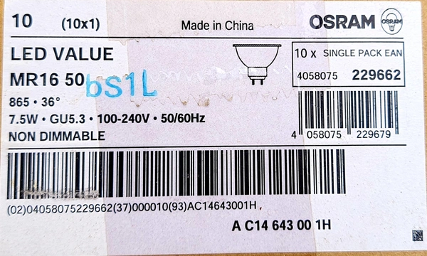 OSRAM LED VALUE 7.5W/865 MR 16 50 36° GU5.3