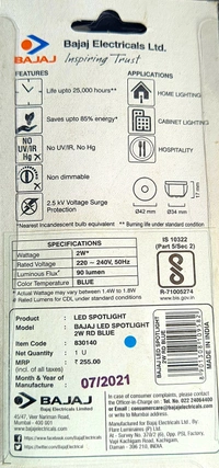 BAJAJ LED 2W BLUE COLOUR SPOTLIGHT 