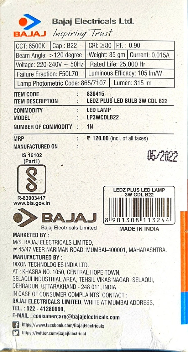 BAJAJ LEDZ PLUS 3W CDL B22D