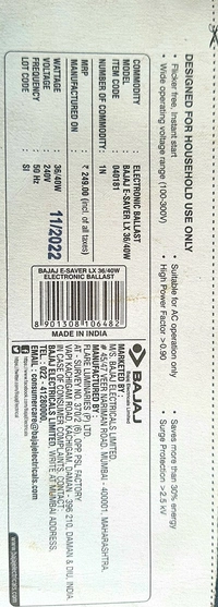 BAJAJ ESAVER Lx 36W ELECTRONIC CHOCK FOR FTL