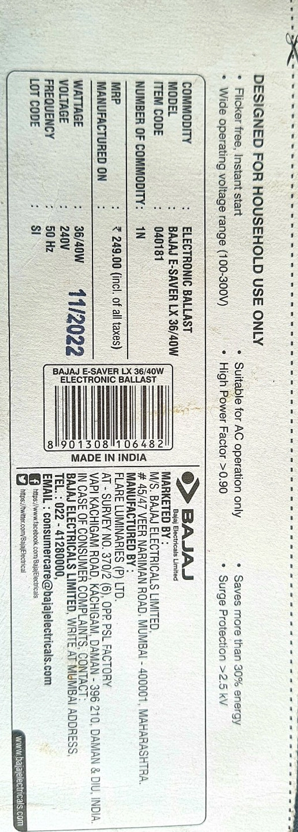 BAJAJ ESAVER Lx 36W ELECTRONIC CHOCK FOR FTL