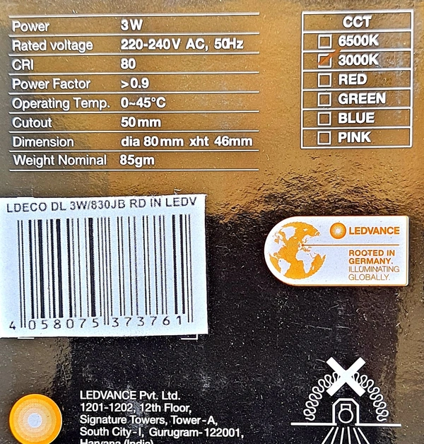 LEDVANCE LED ECO DOWNLIGHT 3W 2700  ,○50Mm 