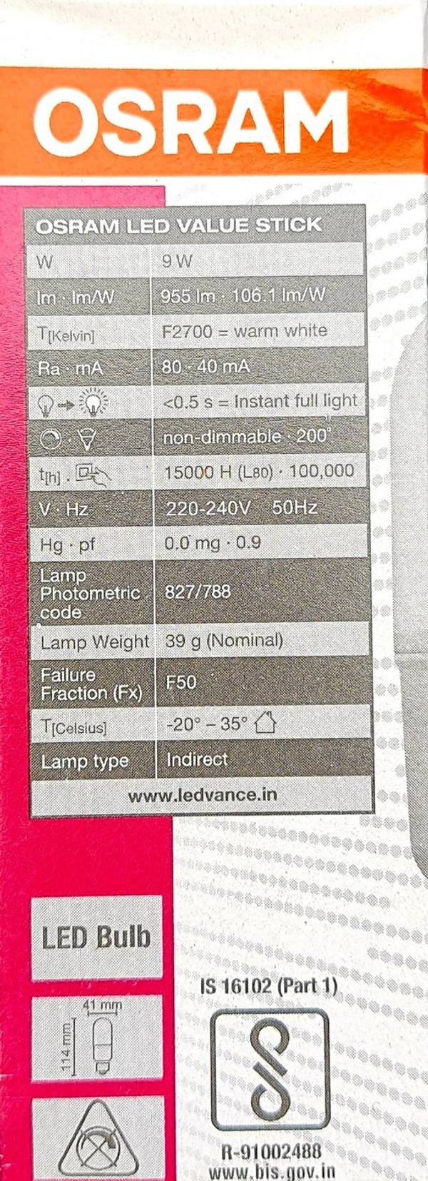 OSRAM LED VALUE STICK 9W/2700K E27