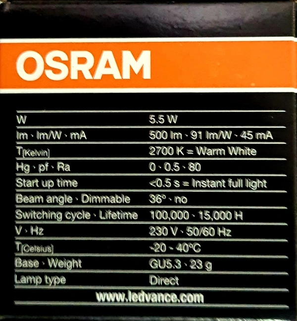 OSRAM LED SPOT LEMR16 36° 5.5W /865  230V GU5.3