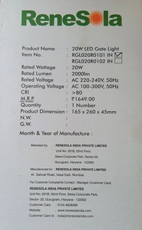 Renesola Led Gate Light NEO Series 20w 865C (White Colour)