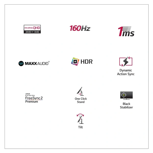 LG Electronics Ultragear 21:9 Curved Gaming LED Monitor 86.42 Cm (34 Inch),Qhd 3440 X 1440,5Ms,160Hz,AMD Freesync Premium,HDR 10,Srgb 99%,Height Adjust Stand,Dp,Hdmi,Speaker,Headphone Out,34Gp63A