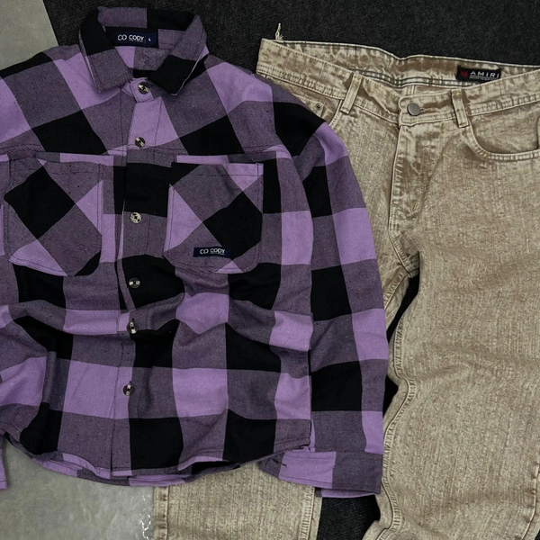 Double Pocket Checks Shirt + Baggy Combo (L)