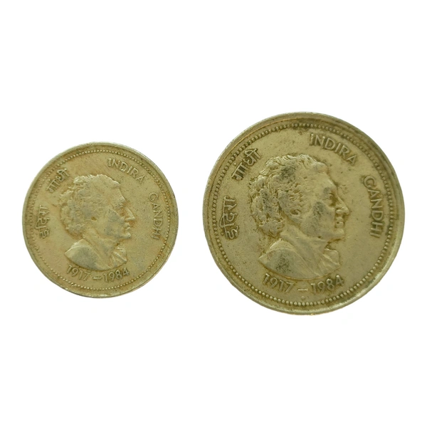1985 Indira Gandhi Set of 2 Coins of 50 Paise & 5 Rupees 