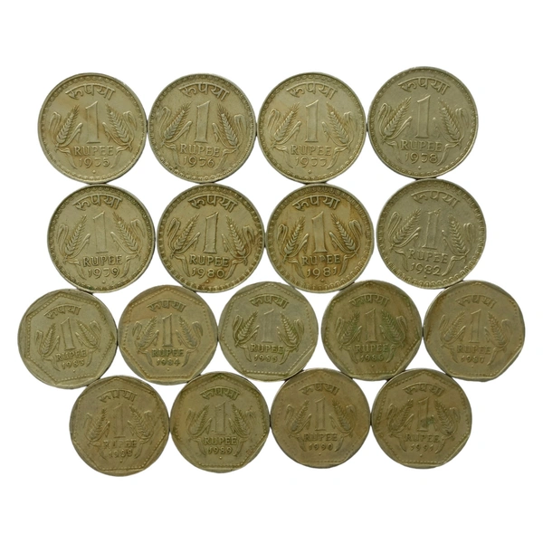Old 1 Rupee Coins Set of 17 Different Years (1975 - 1991)
