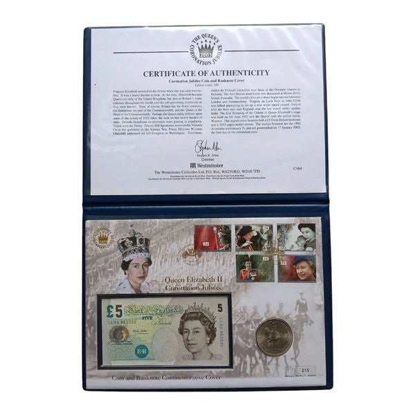2003 - Queen Elizabeth II - Coronation Jubilee Set (Coin(1) + Banknote(1) + Stamps(5))