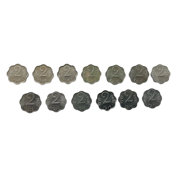 1965 to 1978 2 Paise UNC lot - 13 Coins - Year Wise Except - 1969 & 1979