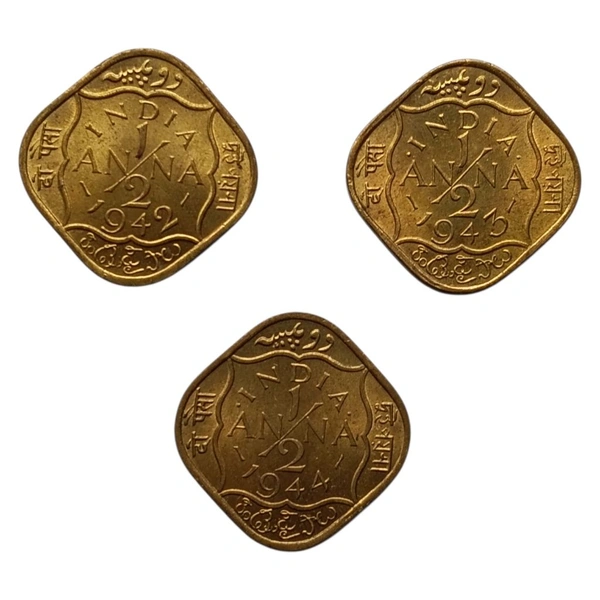 1942, 1943 & 1944 1/2 Anna UNC coins - George 6th King
