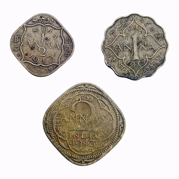 1943 British Indian 3 Coins Set - 1/2 Anna, 1 Anna & 2 Annas - George 6th King
