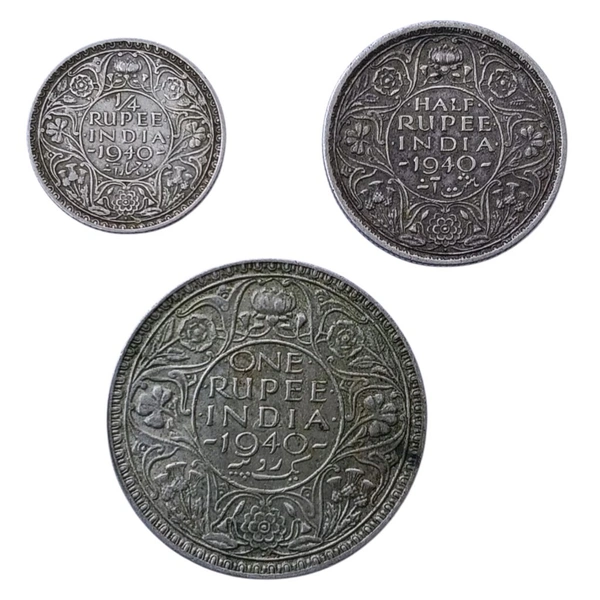 1940 - Set of 3 Silver Coins - George 6th King - 1/4 , Half & 1 Rupee Set - British Indian Collections 