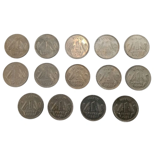 1975 to 1982 1 Rupee UNC Coins - Both Yearwise & Mintwise Set of 14 Coins 