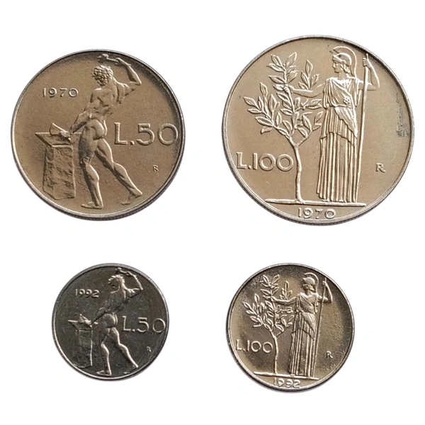 1970 & 1992 Italy L.50 & L.100 Coins Set