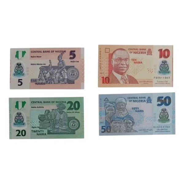 Nigeria 4 Different Polymer Currencies - 5, 10, 20 & 50 Notes