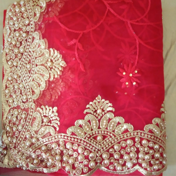 Red Saree Stoned Work Material Classic - Red