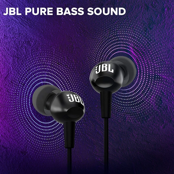 JBL Jbl C100Si Jbl Pure Bass Sound, One Button Multi-Function Remote, Angled Buds Wired In Ear Earphones With Mic For Comfort Fit (Black) - Black