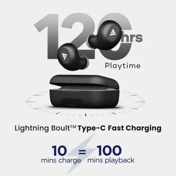 AirBass Boult Audio AirBass PowerBuds with Inbuilt Powerbank, 120H Total Playtime, IPX7 Fully Waterproof, Lightning Boult Type-C Fast Charging, Low Latency Gaming, TWS Earbuds with Pro+ Calling Mic (Black) - Black