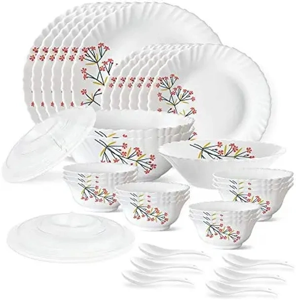 Larah by Borosil Red Bud Silk Series Opalware Dinner Set, 35 Pieces, White - White